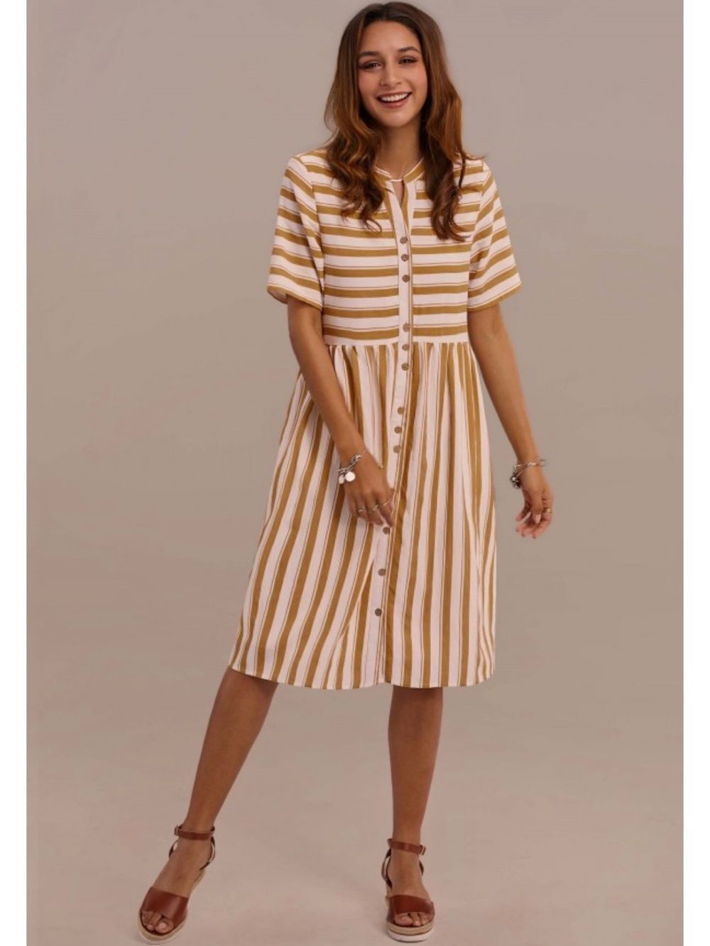 Roolee Yellow White Nautical Stripe Button Front Midi Dress NEW